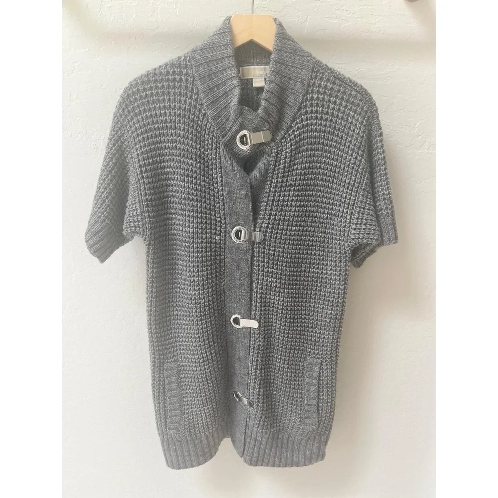 MICHAEL Michael Kors Womens Cardigan Size S Grey Waffle Knit Toggle Layering - Picture 2 of 6